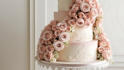  A majestic, multi-tiered wedding cake adorned with a lavish cascade of fresh, velvety roses in soft, blush hues, perfectly arranged to resemble a delicate, overflowing bouquet.