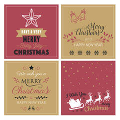 Set of 4 Christmas cards. Merry Christmas and Happy New Year.