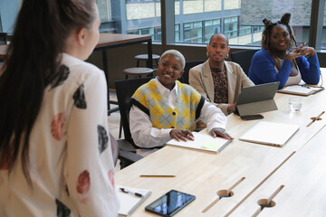 Employees having meeting in conference room