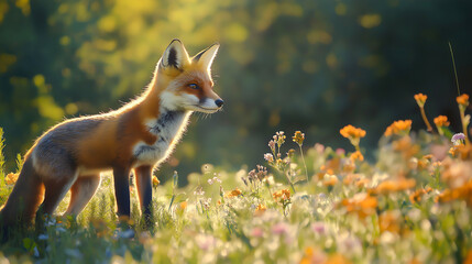 A red fox in a field of wildflowers on sunny day