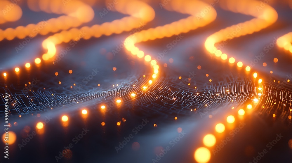 Aufkleber an abstract digital circuit board glows with vibrant lights and soft bokeh effects.