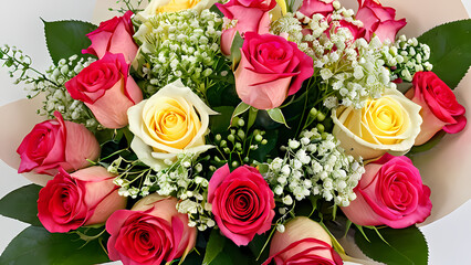 Beautiful bouquet of roses with a variety of colors such as red, pink, white, and yellow, elegantly arranged with lush green leaves and delicate baby's breath flowers