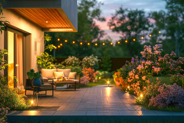 Summer evening on the patio of beautiful suburban house with lights in the garden garden