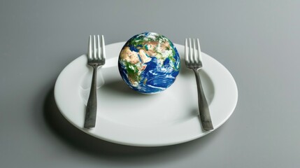 Globe Symbol. Earth Shape on White Plate with Forks, Share Eating Concept