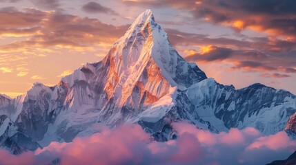 Glacier Mountain. Stunning Panoramic View of Snowy Masherbrum Peak in Karakoram Range at Sunset