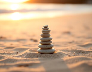 Obraz premium A perfectly balanced stack of smooth, flat pebbles sits on a sandy beach, backlit by the warm, golden light of the setting sun.