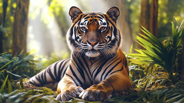 Endangered Bali tiger resting in dense tropical jungle surrounded by green foliage
