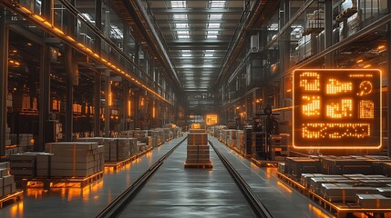 Obraz premium Show a futuristic warehouse where robots, conveyors, and IoT devices are hard at work, controlled by a digital overlay, conveyer belts and pallet boxes
