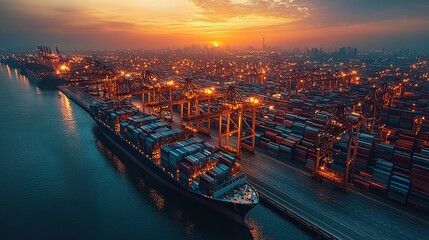 Fototapeta premium A cargo ship in an international terminal with sunrise lighting, illustrating telecommunication technology and logistics concepts.