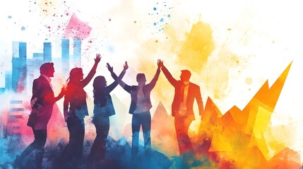 Watercolor Painting of a Business Team High-Fiving in Front of a Rising Chart