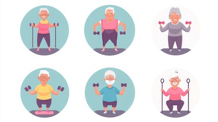 a set of illustrated avatars in circular frames showcasing diverse seniors staying active. One senior wears exercise clothes holding dumbbells, another has short gray hair and a focused expression