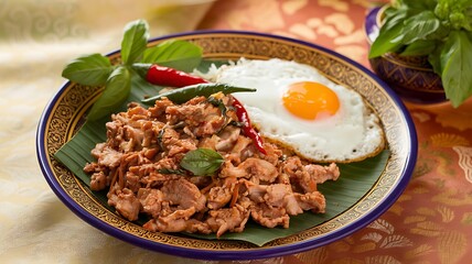 A plate of stir-fried chicken with basil, a fried egg, and white rice.