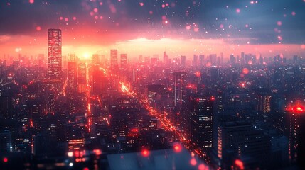 Fototapeta premium A city background at night with smart city and AI concepts, illustrating digital transformation through double exposure effects.