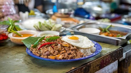 Obraz premium A plate of stir-fried meat, vegetables, and rice with a fried egg on top sits on a counter with other dishes and ingredients.
