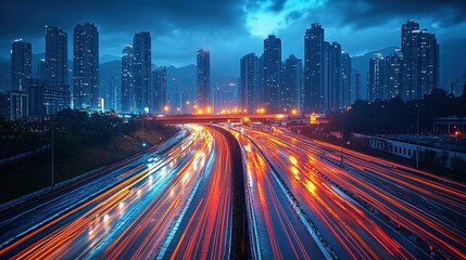 Fototapeta premium A city interchange illuminated by tail lights captures the essence of urban movement and infrastructure.