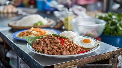 A plate of stir-fried meat with a fried egg and rice on a metal counter.