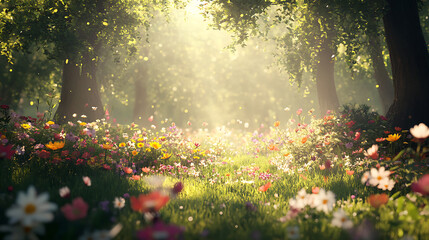 Obraz premium Charming background with a sunlit woodland glade, showcasing dappled sunlight, wildflowers, and a natural setting