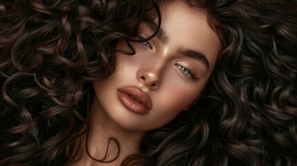Fototapeta premium Hair Curly. Brunette Model with Shiny Wavy Hair Coiffure and Fashionable Make-up