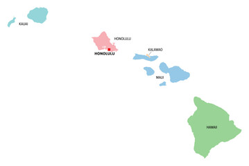 Obraz premium Hawaii, U.S. state, multi colored political map with capital Honolulu. Island state of the USA in the Pacific, subdivided into the 5 counties Hawaii, Honolulu, Kalawao, Kauai and Maui. Aloha State.