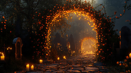 Marigold archway leading to a cemetery, with candles and altars glowing softly in the evening light