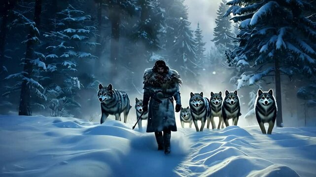 A man walks through a snowy forest with a pack of wolves, led by a large wolf in the front