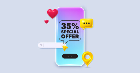 Social media phone app. 35 percent discount offer tag. Sale price promo sign. Special offer symbol. Social media search bar, like, chat 3d icons. Discount message. Vector
