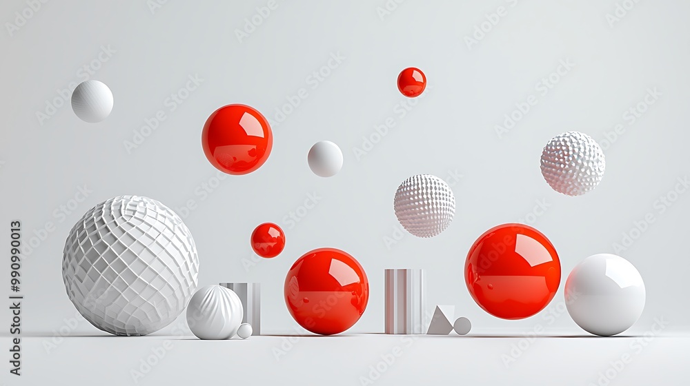 Poster abstract red and white spheres float in minimalist design, simple yet striking.