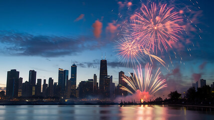 Colorful Fireworks Display Over Modern City Skyline at Night with Reflections on Water