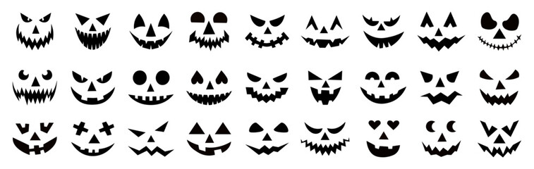 Set of spooky pumpkin smiles. Horror and scary faces. Design for holiday Halloween