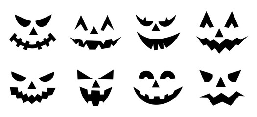 Set of spooky pumpkin smiles. Horror and scary faces. Design for holiday Halloween