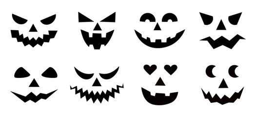 Naklejka premium Set of spooky pumpkin smiles. Horror and scary faces. Design for holiday Halloween