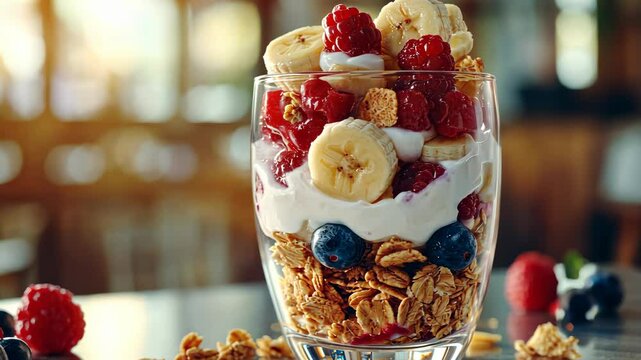 A parfait with yogurt, granola, banana, blueberries, and raspberries in a clear glass