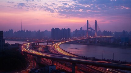 Cityscape of guangzhou showing bridges and traffic at sunset