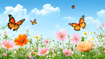 Summer garden with blooming flowers, butterflies fluttering, and a clear sky above