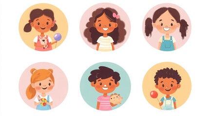 Naklejka premium a set of illustrated avatars in circular frames showcasing diverse children at play. One child wears a t-shirt holding a toy, another child has pigtails and a joyful expression