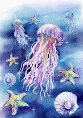 watercolor illustration on a marine theme. Underwater life. sea ​​dwellers. Purpule jellyfish 