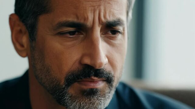 Hispanic man with goatee in office setting, expressing contemplation in a static video.