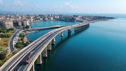 Highway bridge connecting city to island with turquoise water on sunny day