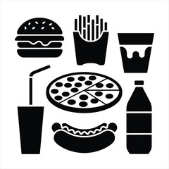 Collection of different types of fast food icon silhouette vector design