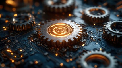 A concept featuring a technology interface with gear wheel designs, illustrating the setup and integration of technological systems.