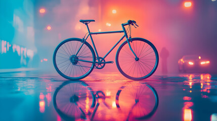 Bicycle Stands on Wet Asphalt with Reflection in Neon City Lights