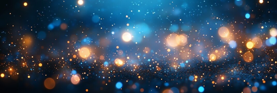 abstract background with golden and blue glitter particles, glowing lights and bokeh effect on dark blue background. Christmas or New Year celebration concept.
