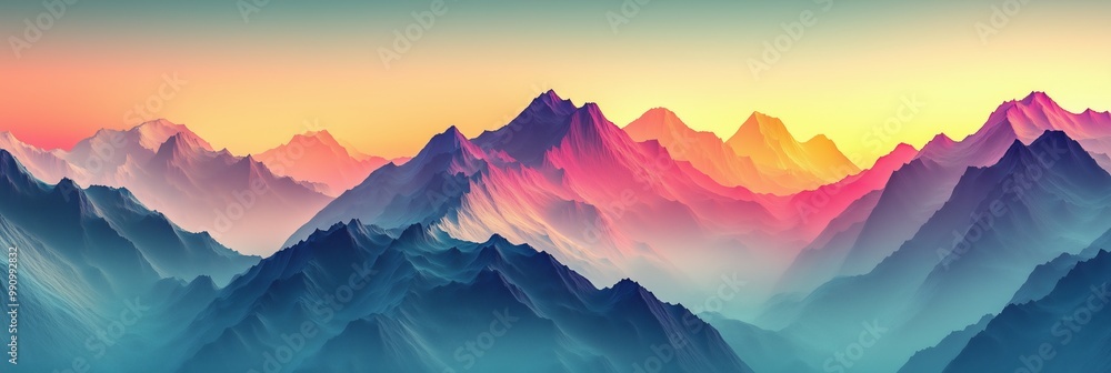 Poster abstract digital art of mountains, rendered in geometric shapes and colors. the background is a grad
