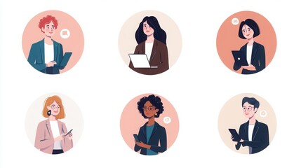 a set of illustrated avatars in circular frames showcasing diverse professionals in their twenties. One professional wears business attire holding a laptop