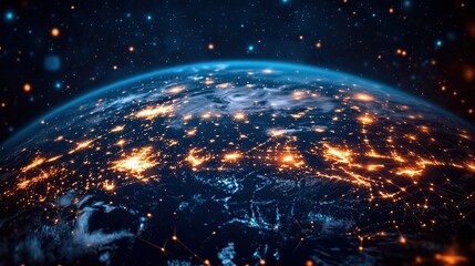 A concept illustrating a global communication network and the Internet of Things (IoT), highlighting worldwide commerce connectivity.