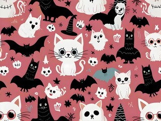 Halloween-themed seamless pattern with cats, bats, skulls, and ghosts on a pink background. ai generated