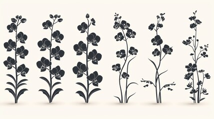 Design black silhouette illustrations of spooky Halloween Orchid in set of collection ,with bold lines and simple design, placed on a white background 