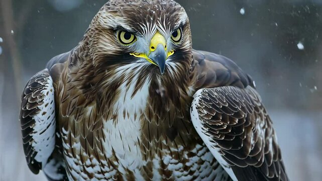 A hawk stands in the snow, with a determined look on its face