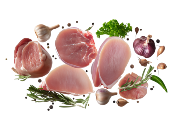 pork, herbs and spices flying onwhite background