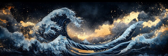 Japanese waves, blue and gold, watercolor, 3D effect, dark background, texture